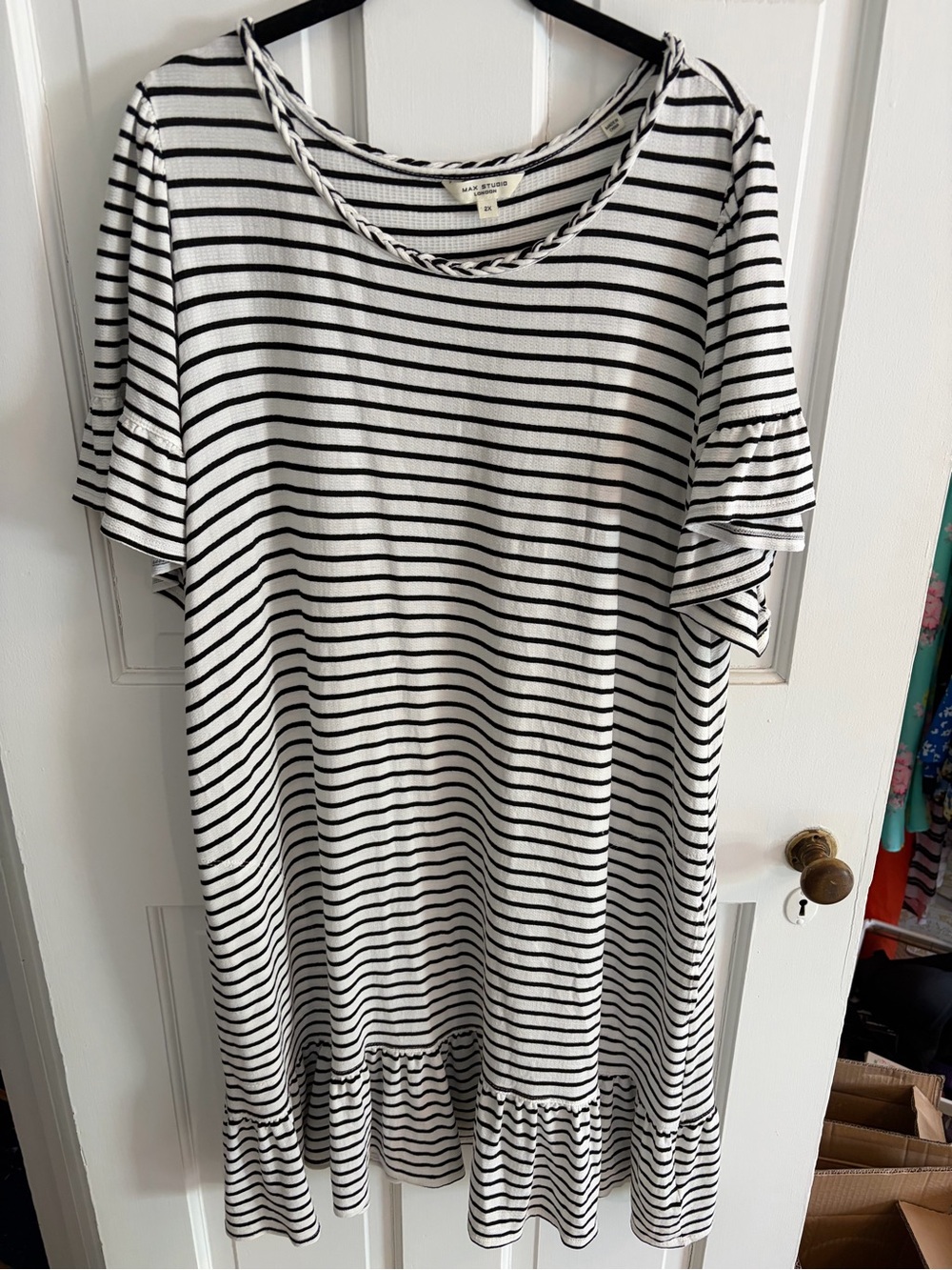 Max Studio Striped Flutter Sleeve/Hem Casual Short Dress with Pockets